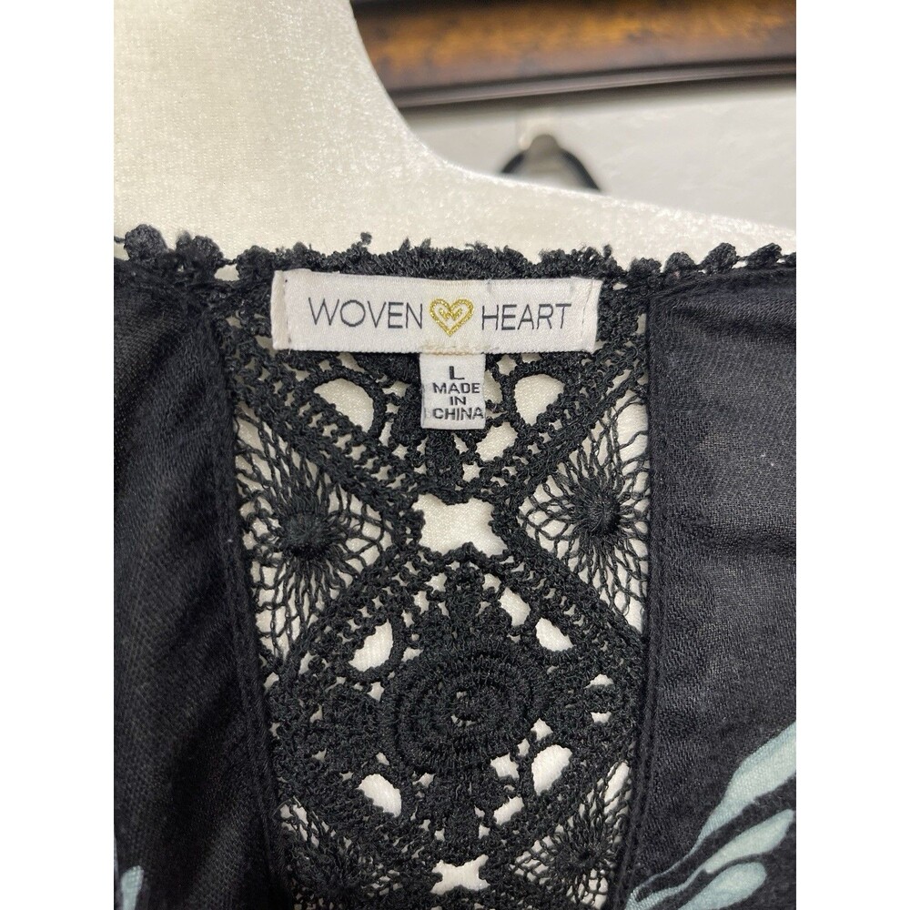 Woven Heart Women’s L Black Floral Kimono Duster Crochet Lace Boho Coverup, Used - Picture 2 of 6